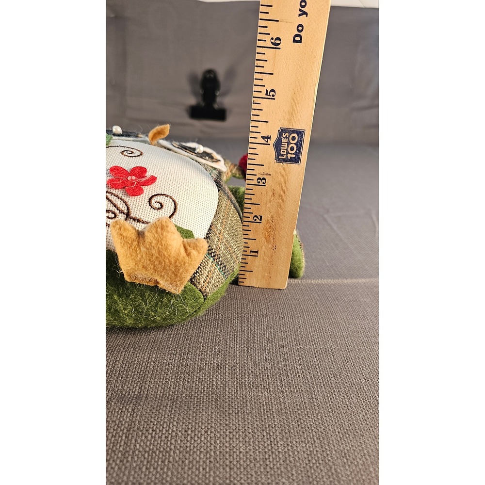 Plush Plaid Owl weighted Green Brown Floral Embroidery Pom Poms 6 inch Decor - Picture 5 of 6